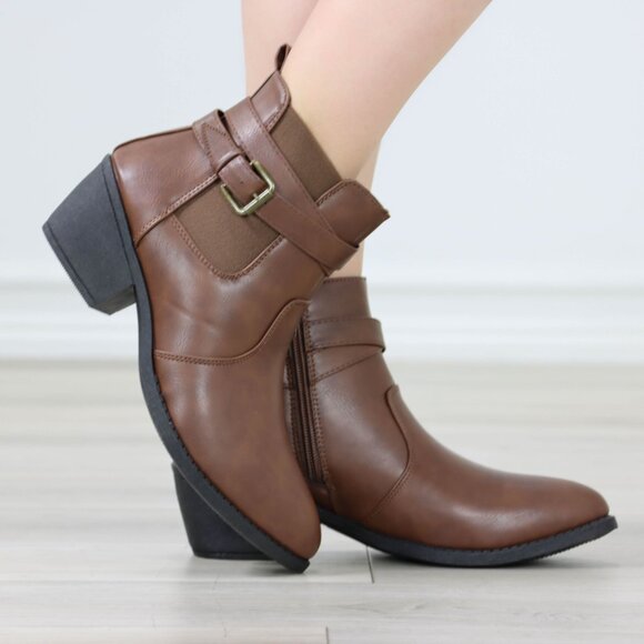 Brown Ankle Boots Buckle Strap Faux Leather Low Block Heel Side Zip - Picture 12 of 14